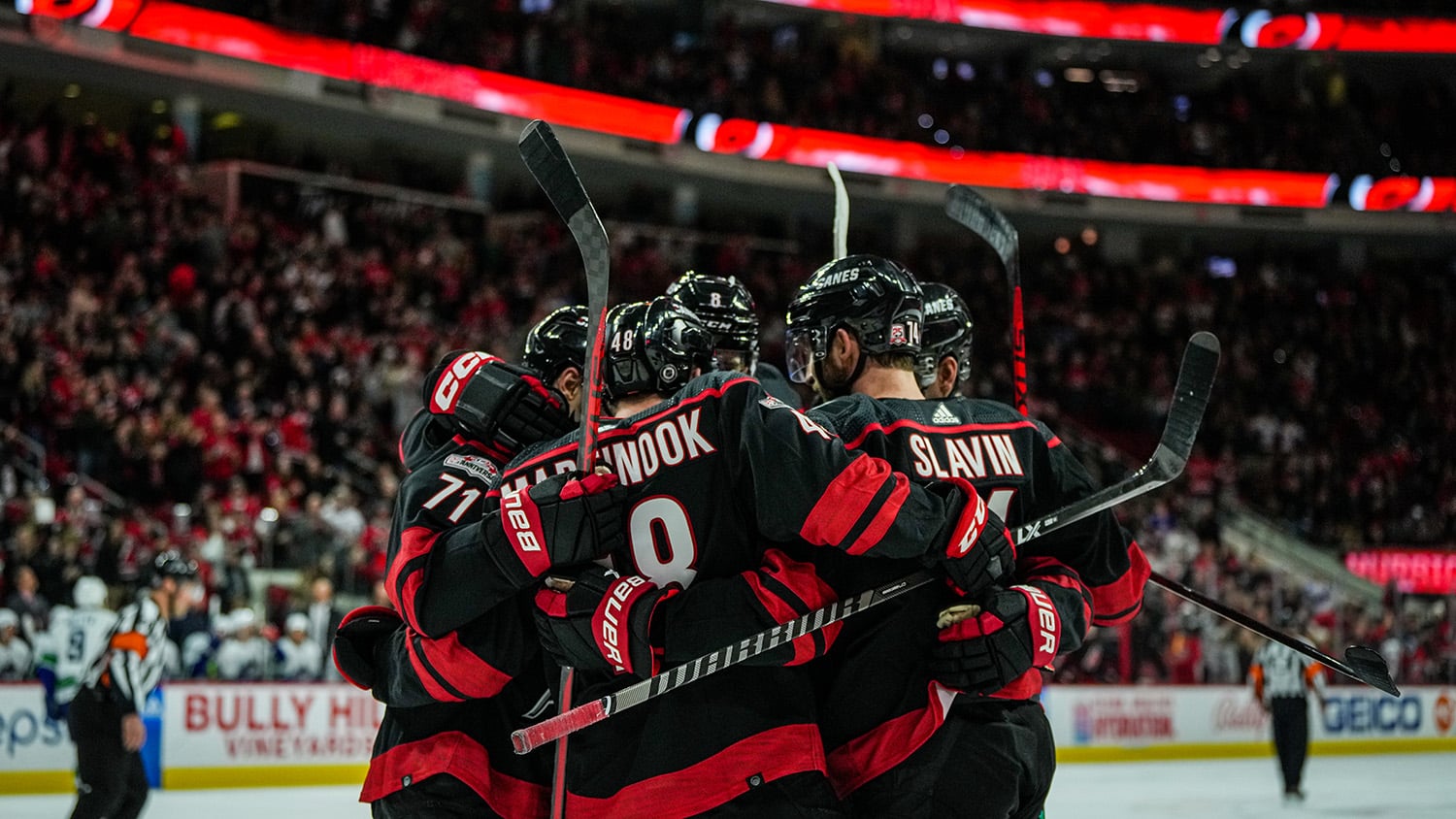 Image from the NHL Game between the Vancouver Canucks and Carolina Hurricanes at PNC Arena on January 15, 2023 in Raleigh, North Carolina. (Photo by Josh Lavallee/NHLI via Getty Images)