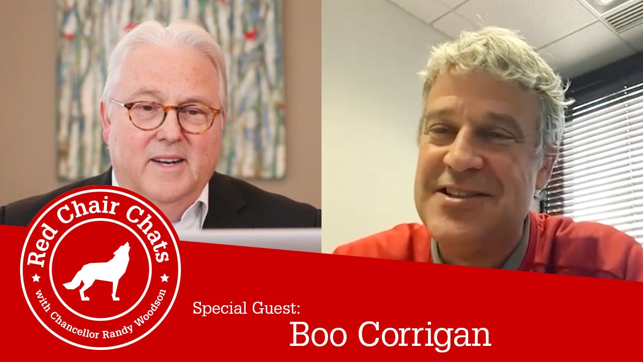 NC State Athletics Director Boo Corrigan chats with Chancellor Randy Woodson in the second episode of Red Chair Chats.