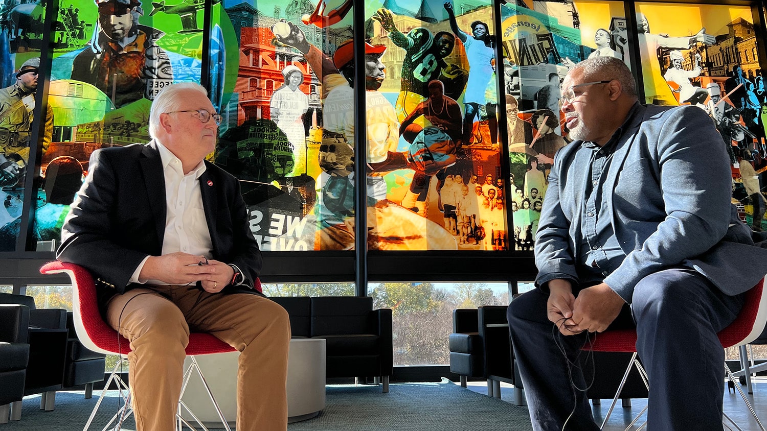 Chancellor Randy Woodson records an episode of Red Chair Chats with College of Design professor Kofi Boone.