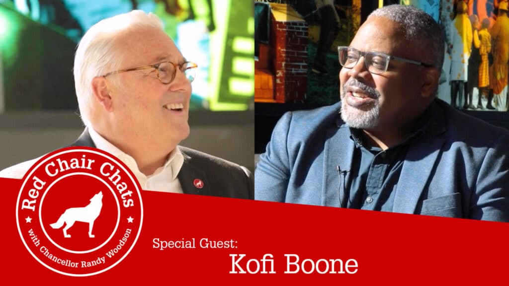In episode 5 of Red Chair Chats, Chancellor Randy Woodson sits down at Raleigh’s historic Chavis Park with distinguished professor of landscape architecture Kofi Boone.