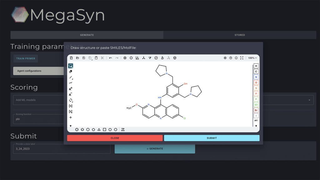 The user interface of the program MegaSyn shows chemical compound structure.