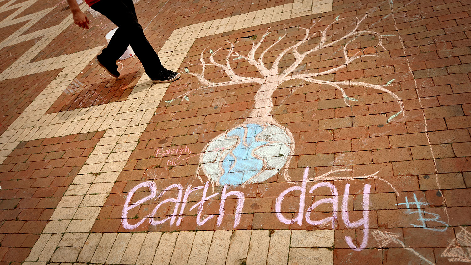 A chalk image of the Earth with a tree growing from it decorates NC State's Brickyard during Earth Day activities.