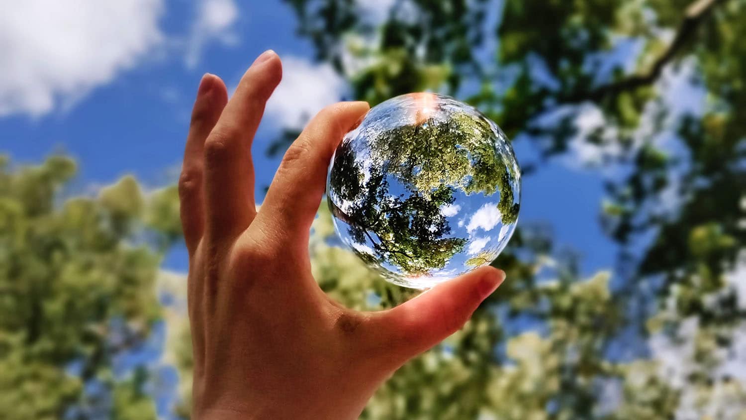 A hand holds a clear globe up to a background of blue skies and green leaves, creating an effect that looks similar to the Earth from space.
