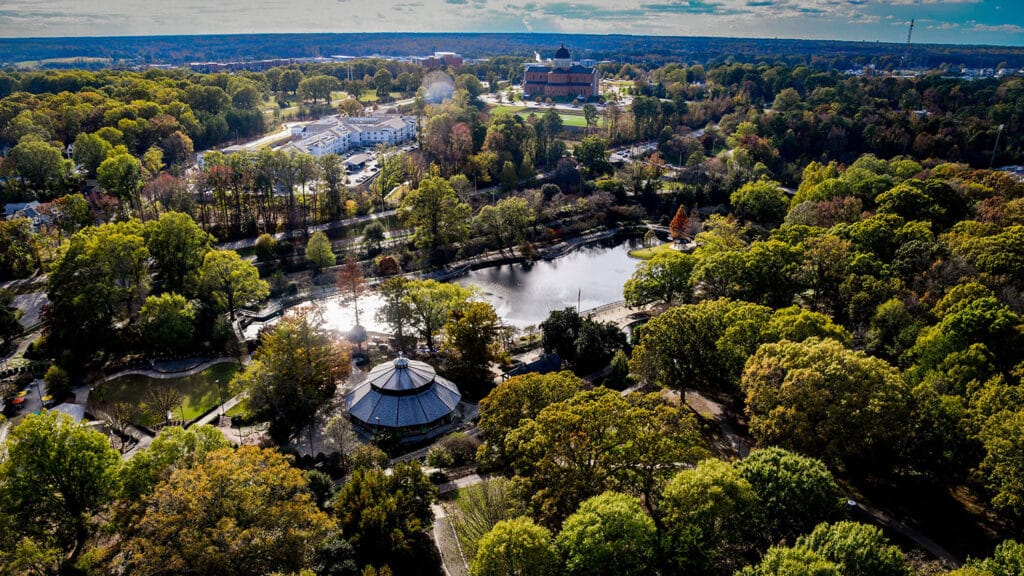 An aerial view of Raleigh's Pullen Park, which sits adjacent to NC State's campus.