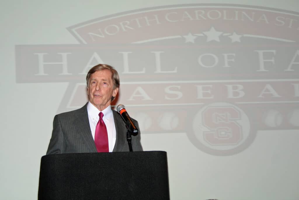 Sheridan speaks at the podium during his induction into the NC State Hall of Fame