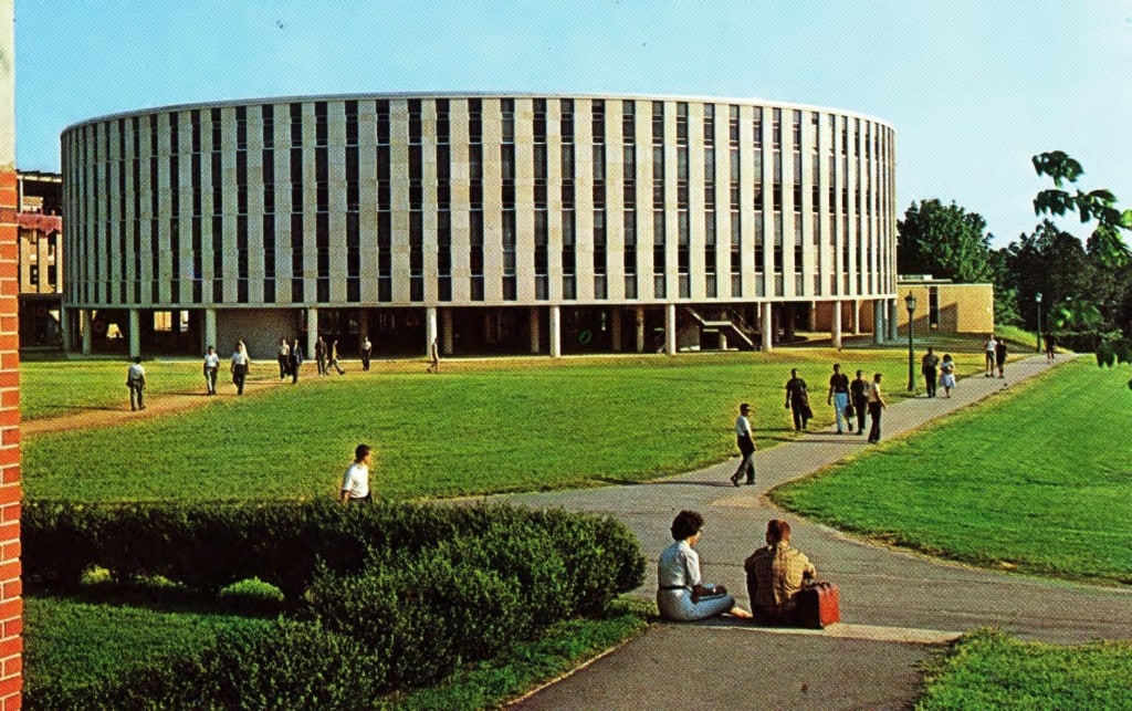 An archival photo of the circular Harrelson Hall