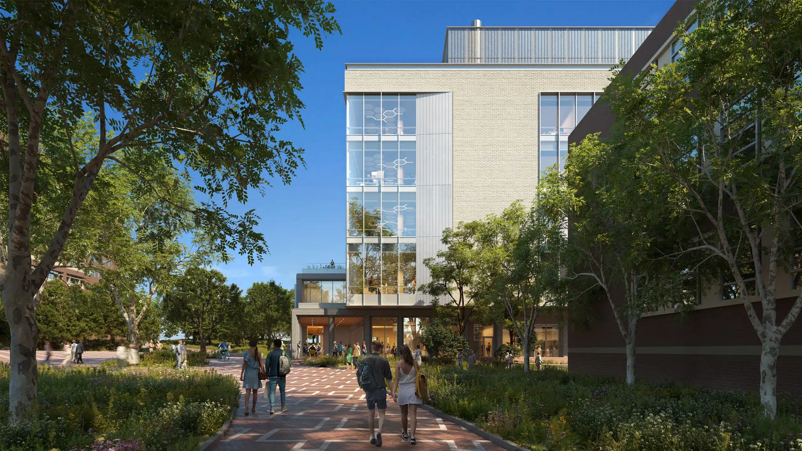 An architectural rendering showing people walking around the exterior of the new Integrative Sciences Building.