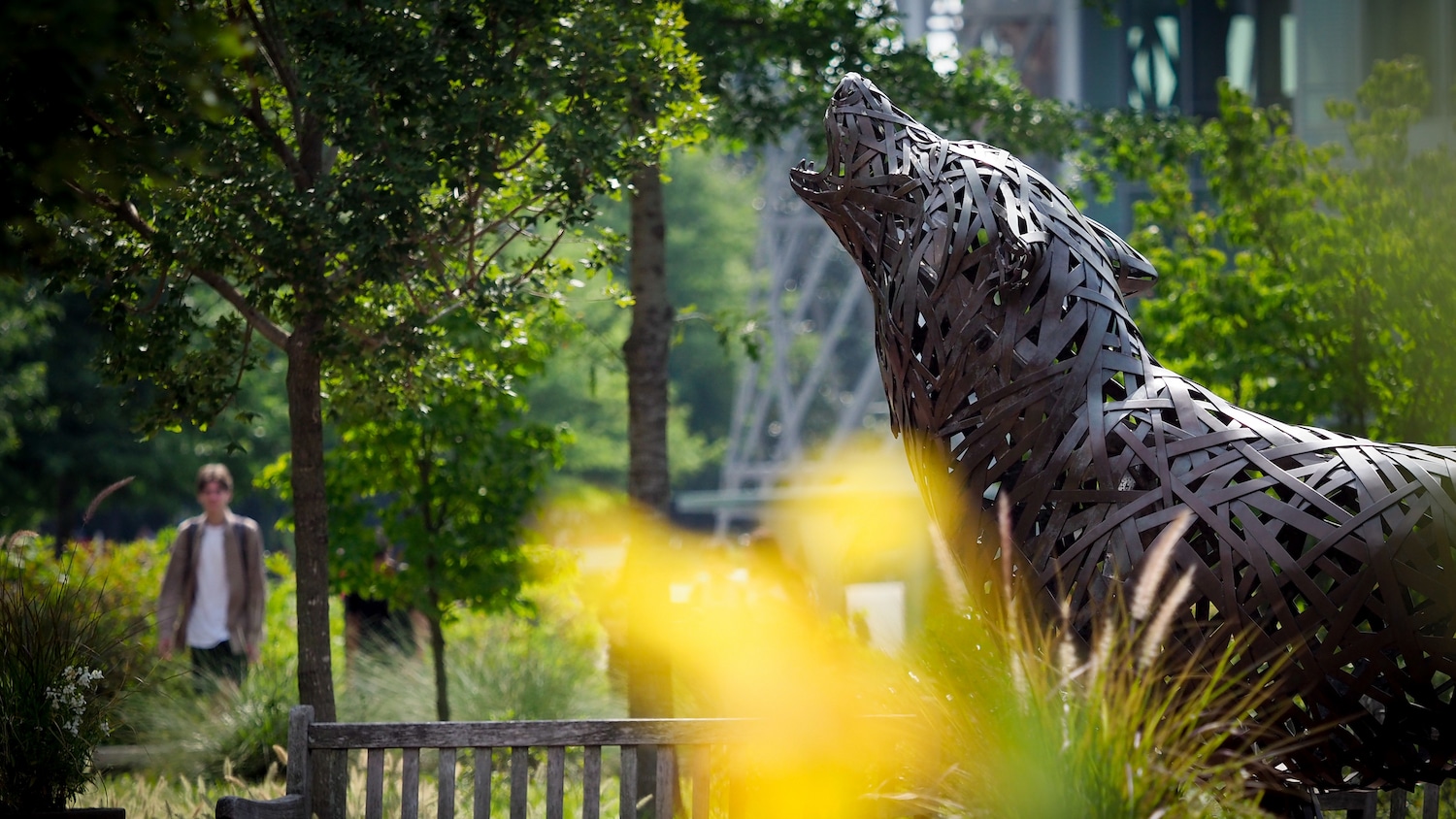 A copper wolf at Wolf Plaza is seen past a yellow flower in bloom.