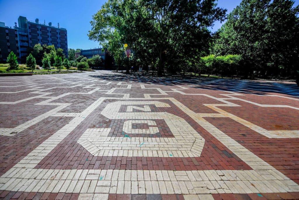 The block "S" on a mostly empty Brickyard during the fall 2020 semester.