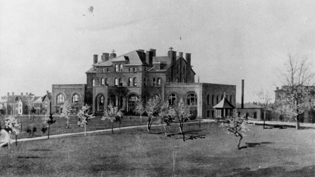 A black and white photo of Holladay Hall in 1890