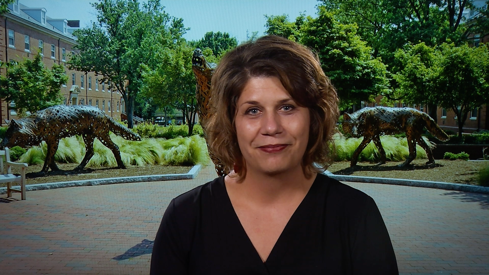 Vice Provost Sheri Schwab sits facing the camera in front of a backdrop of the copper wolves in Wolf Plaza.