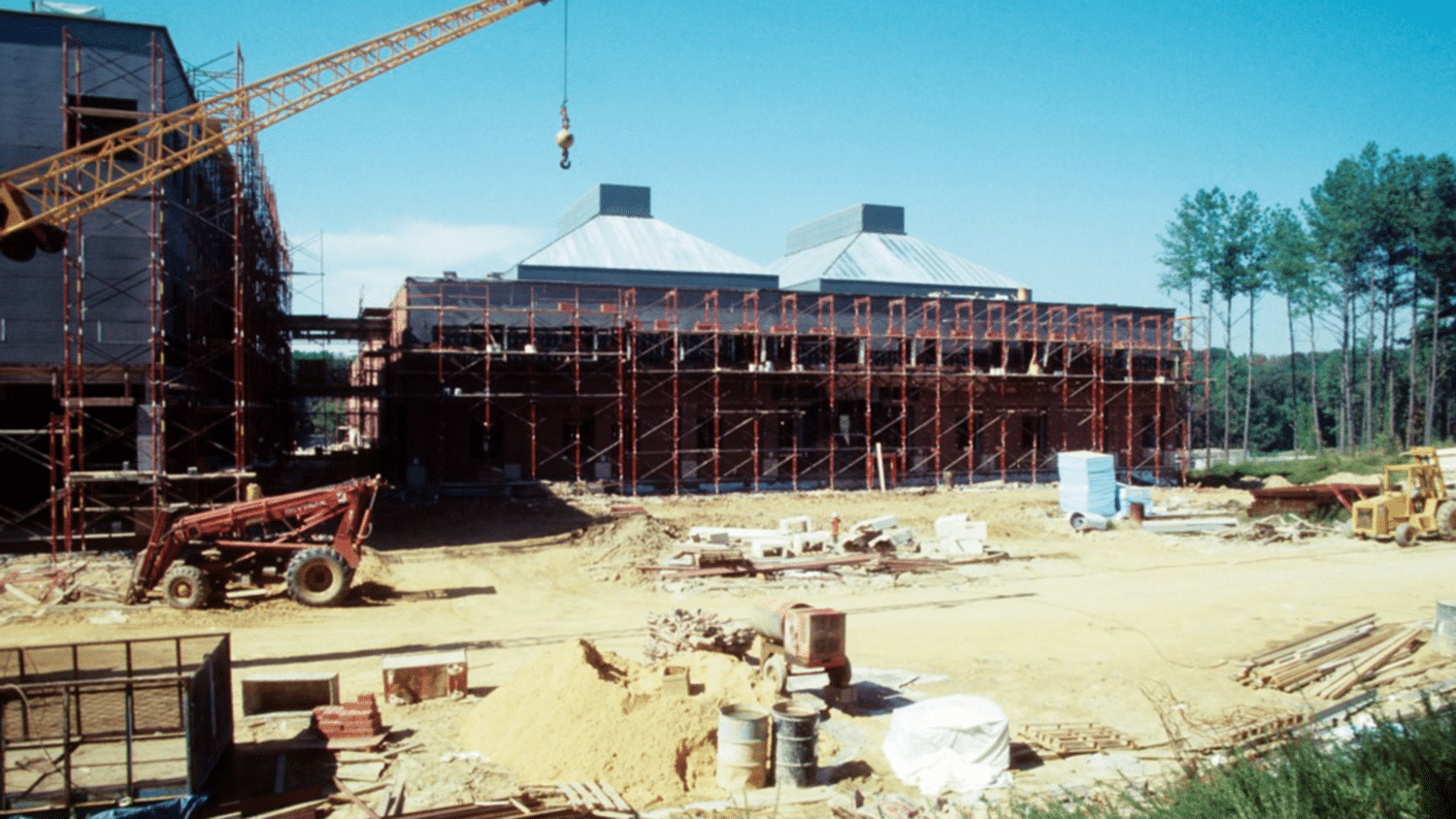 An old photo showing the construction of the buildings for the College of Textiles
