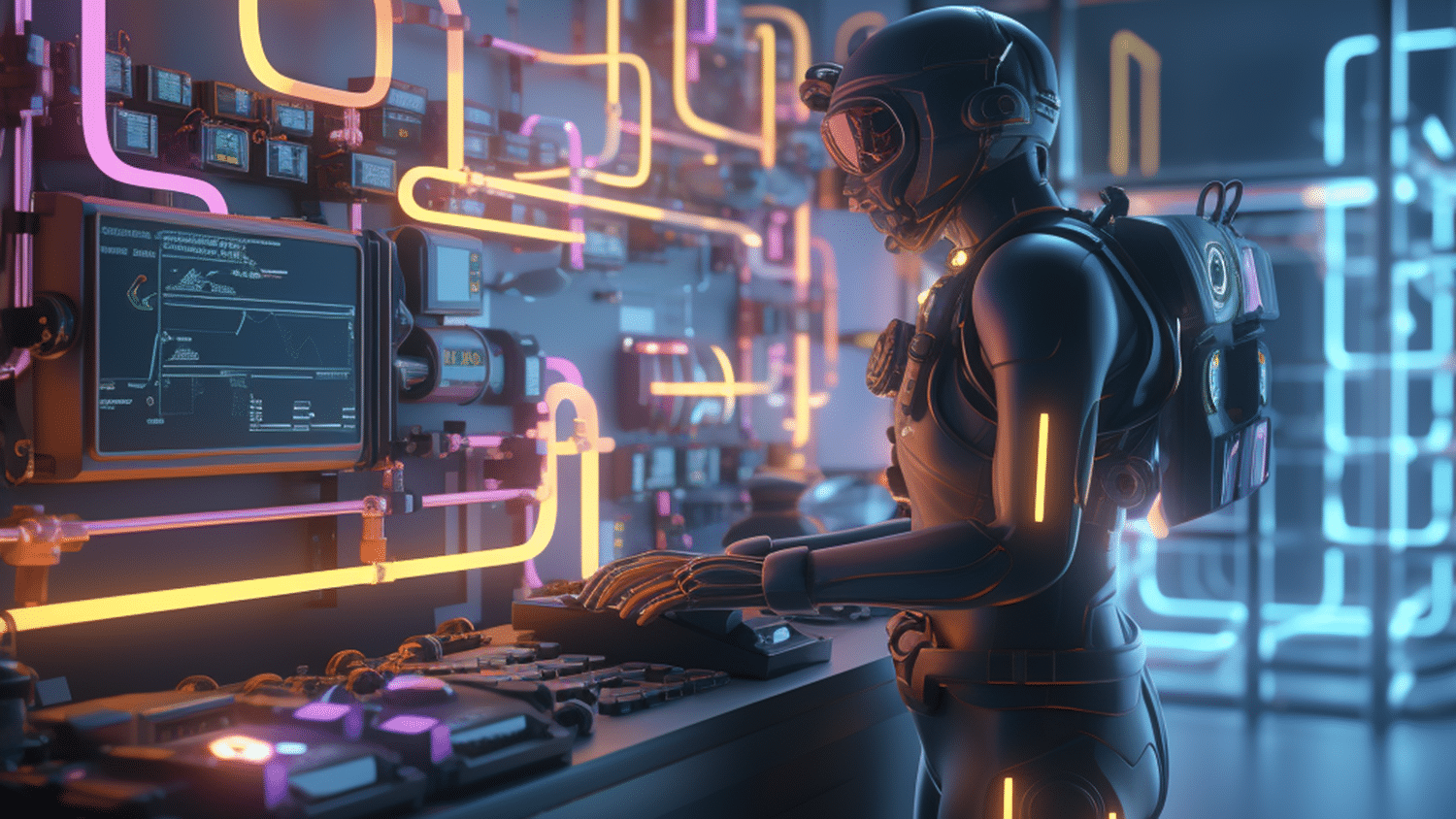 illustration shows a robot conducting chemistry experiments in front of a high-tech machine