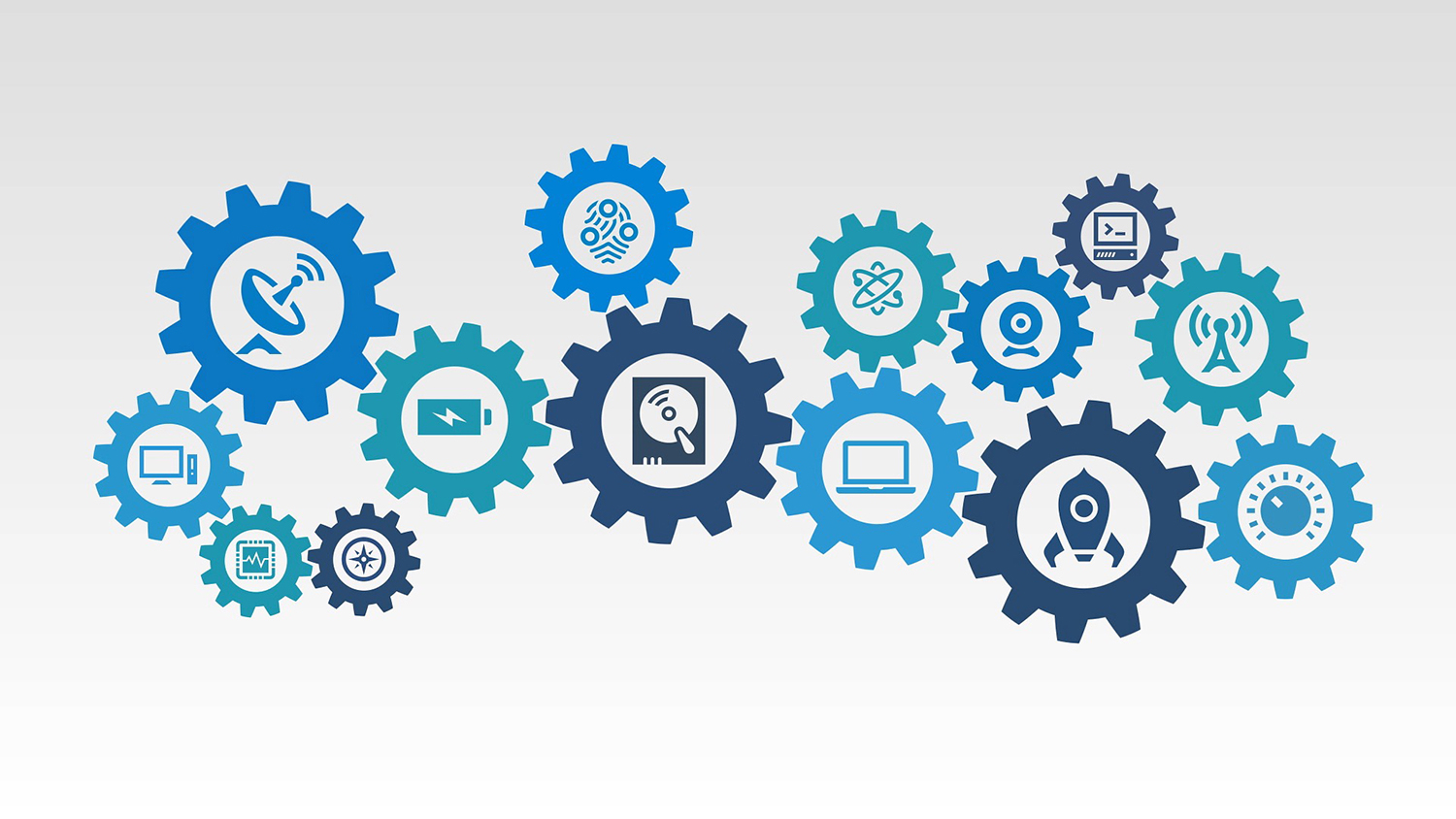 illustration shows many gears interlocking with each other. at the center of each gear is an illustration related to scientific subjects