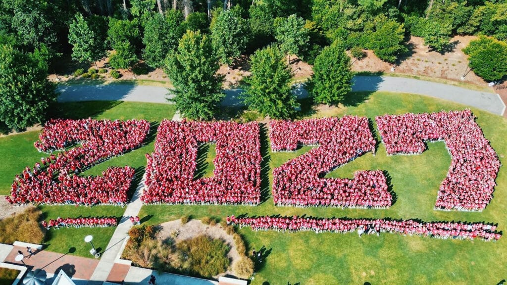 Incoming students form the number "2027" for their aerial class photo.