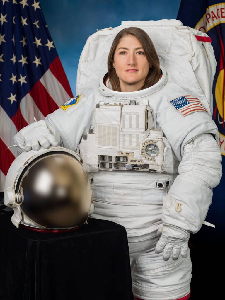 NC State alumna and NASA astronaut Christina Koch in her space suit.