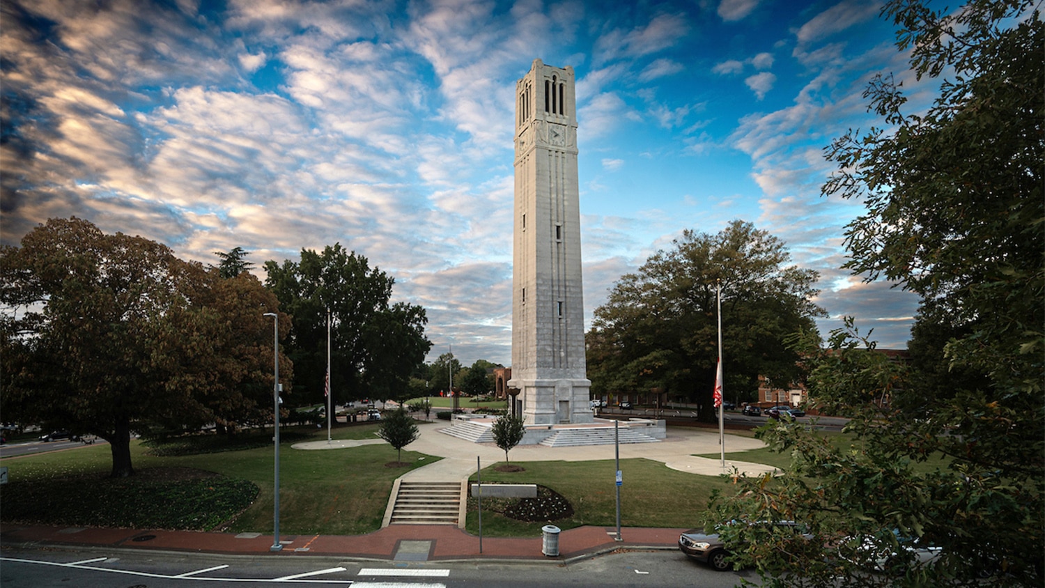 The NC State Belltower on a fall evening