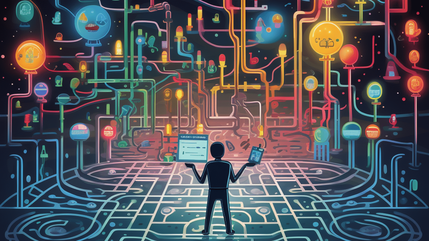 cartoonish image shows a person holding a computer and looking up at a maze of paths that all lead to different glowing lights