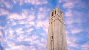 NC State's Memorial Belltower among evening clouds