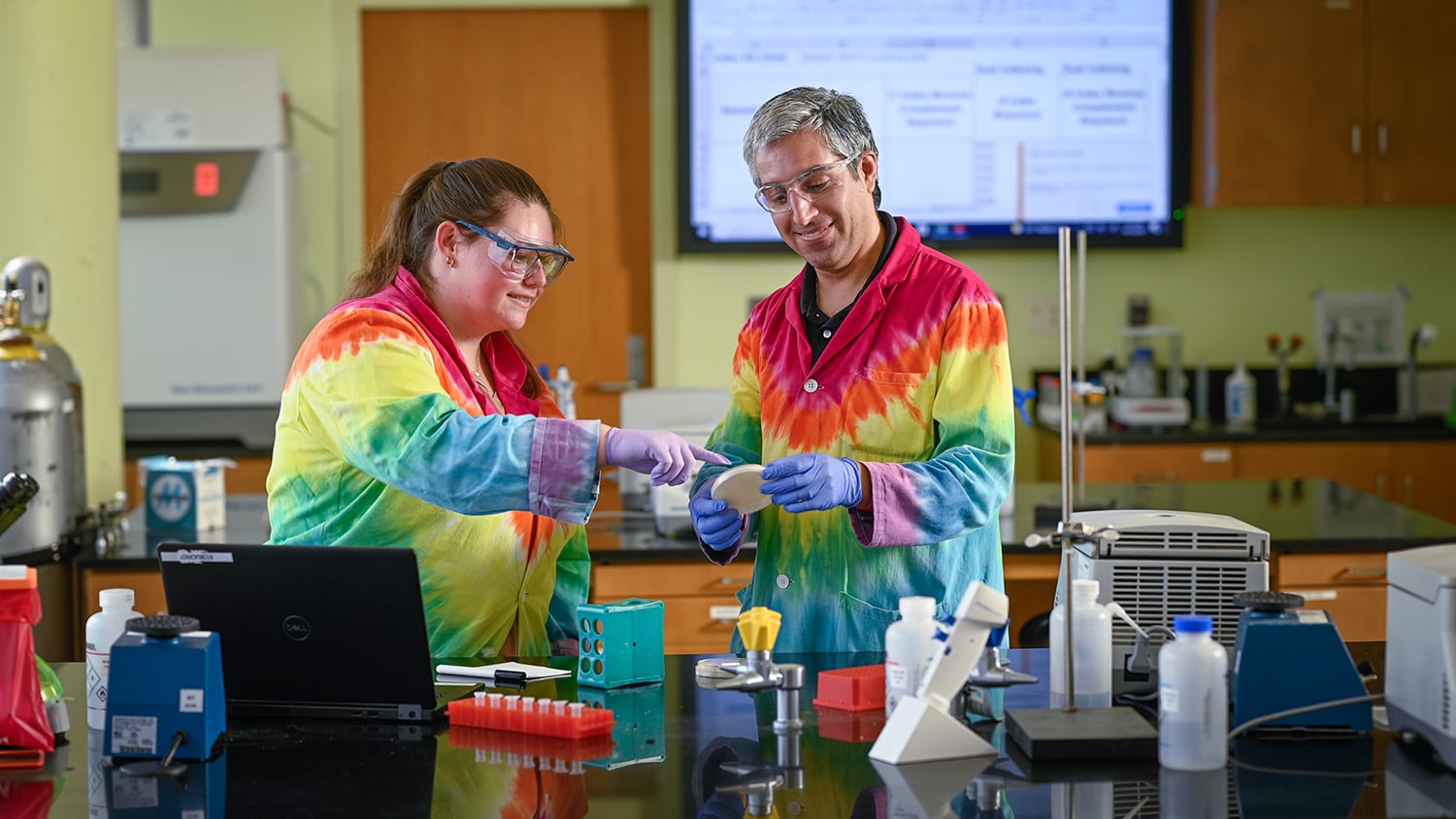 Carlos Goller, associate teaching professor in the Department of Biological Sciences, and Madison Routh, a post-baccalaureate researcher, observe the growth of solid media on Comamonas testosteroni, an organism with bioremediation potential.