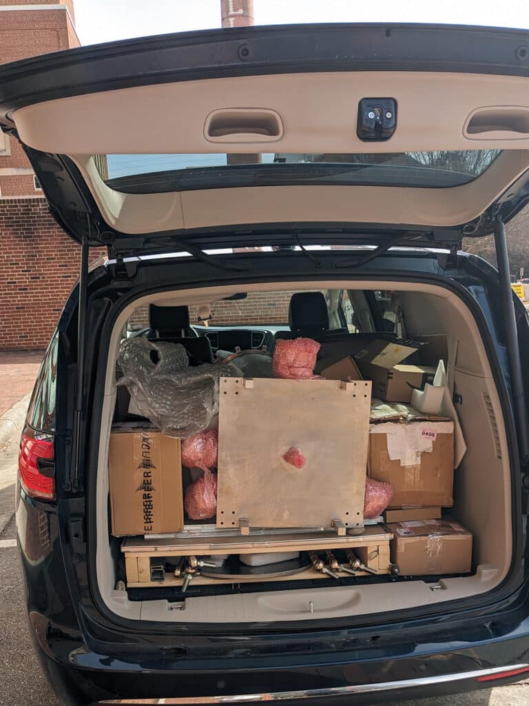 The back of a van packed with research equipment