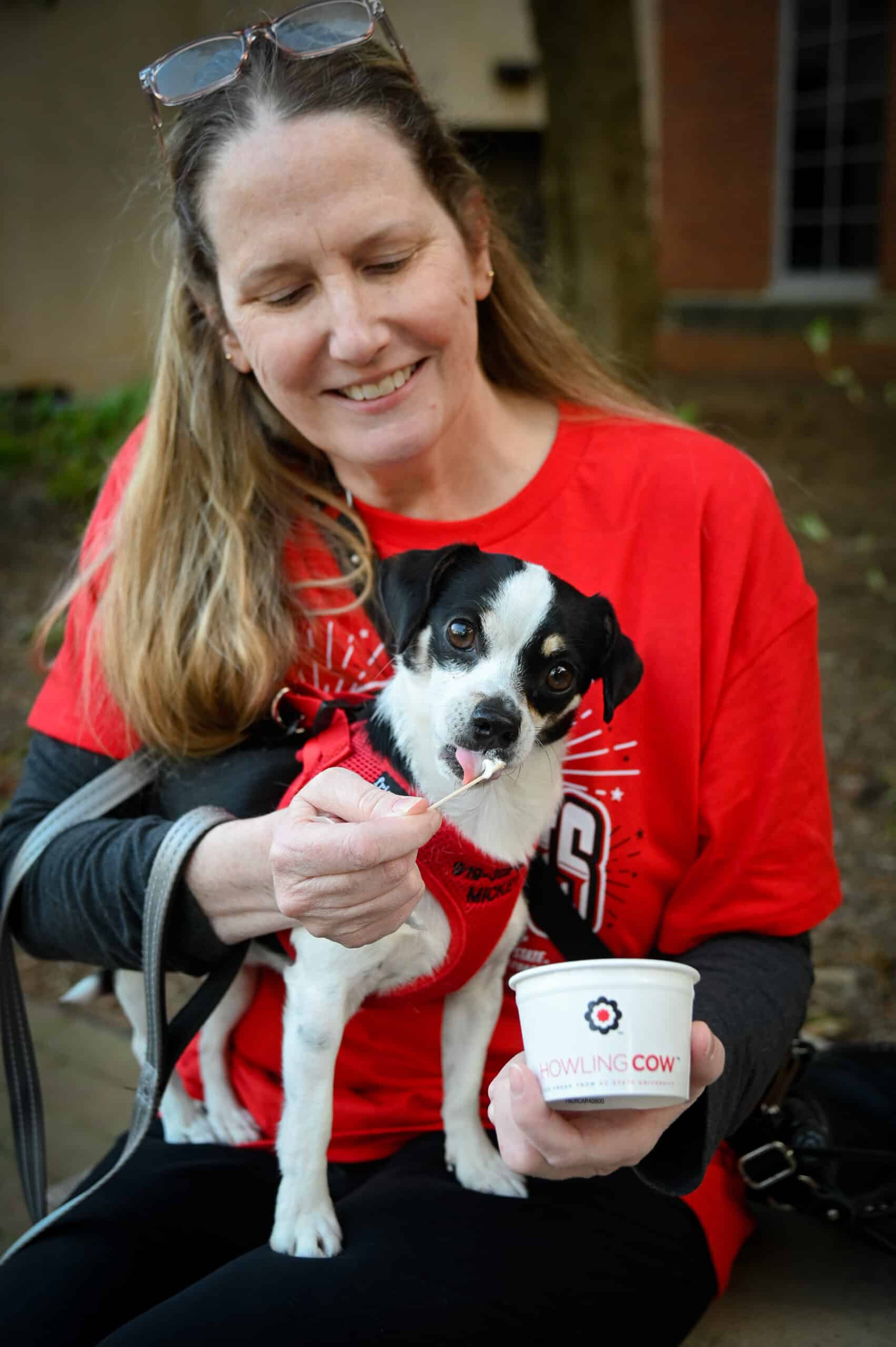 A female NC State fan feeds ice cream to her small black and white dog outside of Reynolds Coliseum