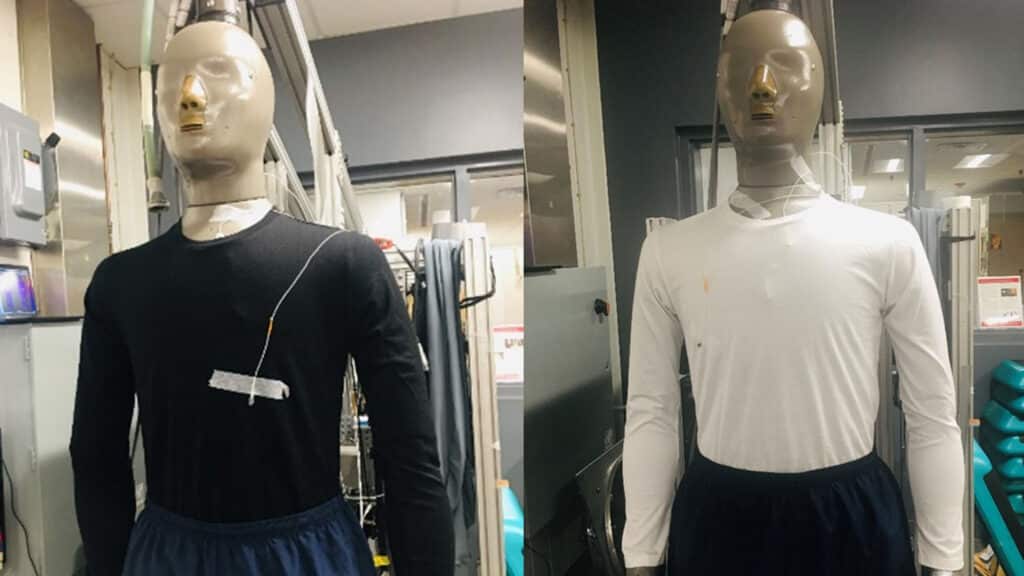 Sensors attached to a sweating thermal manikin allowed the researchers to quantify temperature and moisture differences between wool (left) and cotton (right).