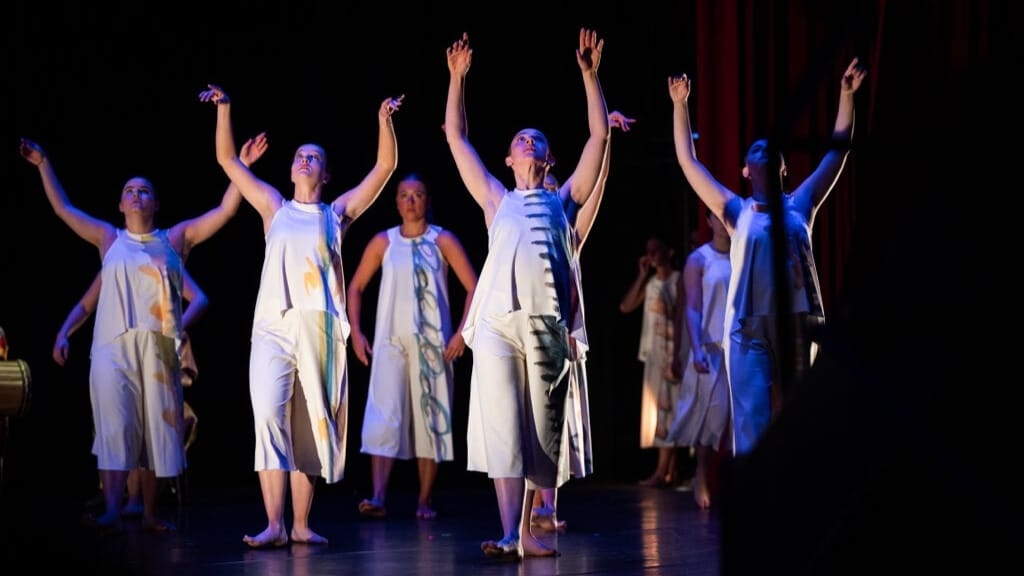 Panoramic Dance Project dancers performing "Times of Refreshing" in water color printed costumes.