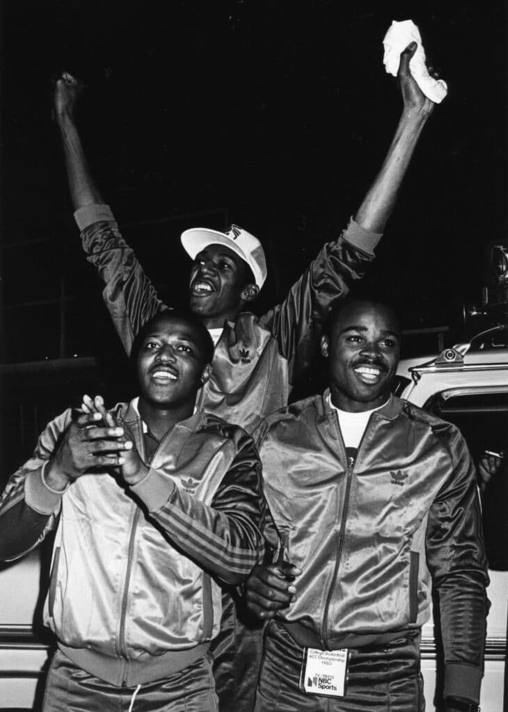 Lowe and his teammates celebrate a win in 1983