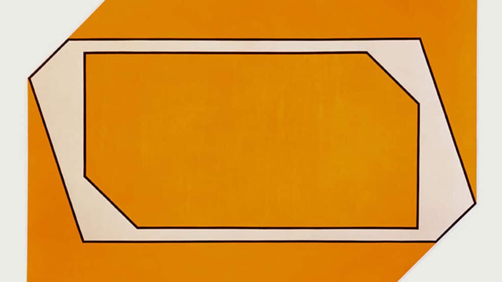 Closeup of a painting by artist Larry Bell, showing an orange and white geometric pattern.