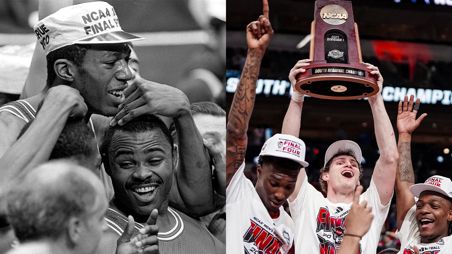 Side by side photos of the 1983 men's basketball team and the 2024 men's basketball team members celebrating their advance to the Final Four of the NCAA Basketball Tournament