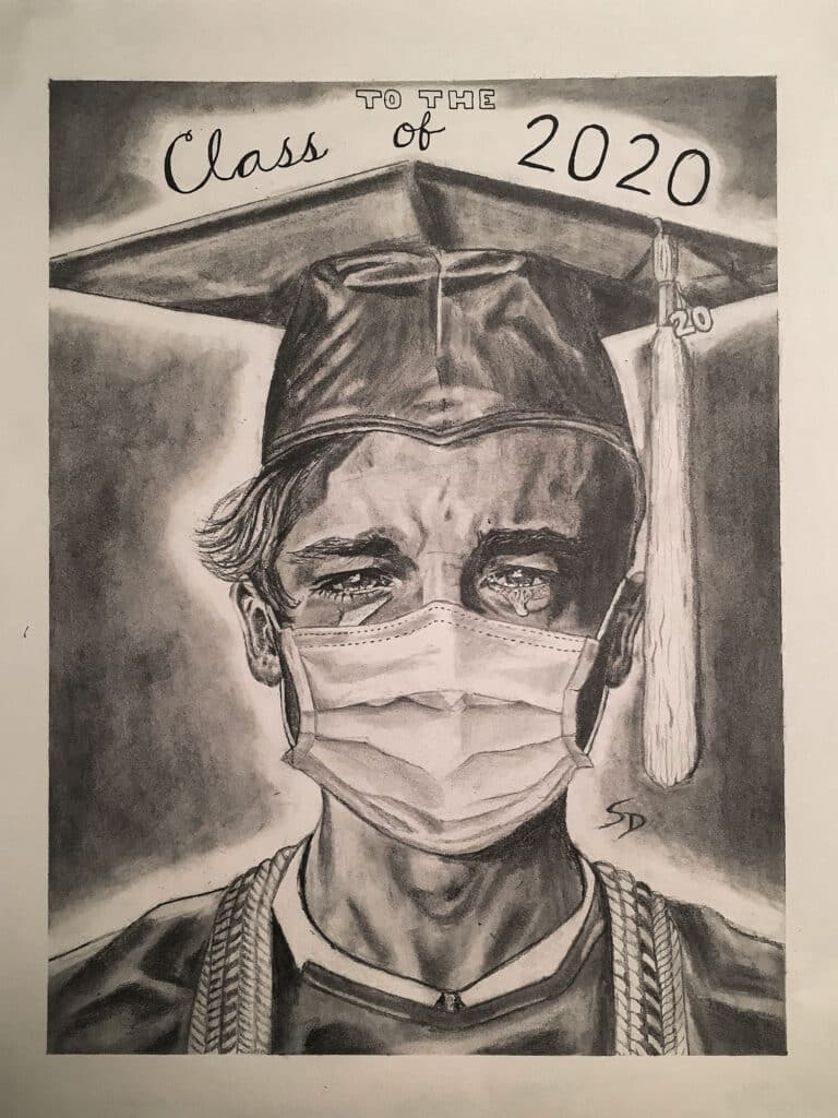 A drawn portrait of a high school graduate wearing a mask, with tears in his eyes.