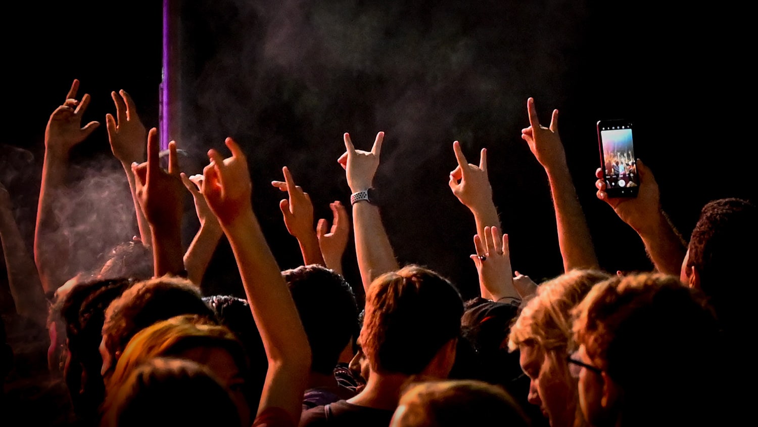 A crowd of people hold up the wolfie hand gesture above their heads at night during the Packapalooza concert.