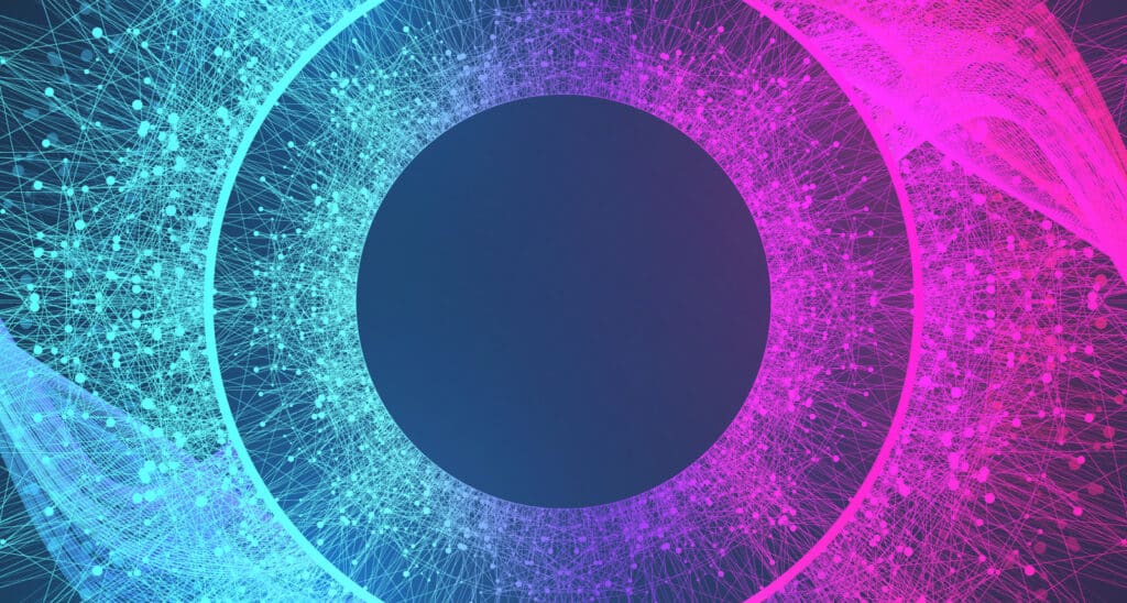 Abstract image of a computer-generated eye in blue and magenta. 
