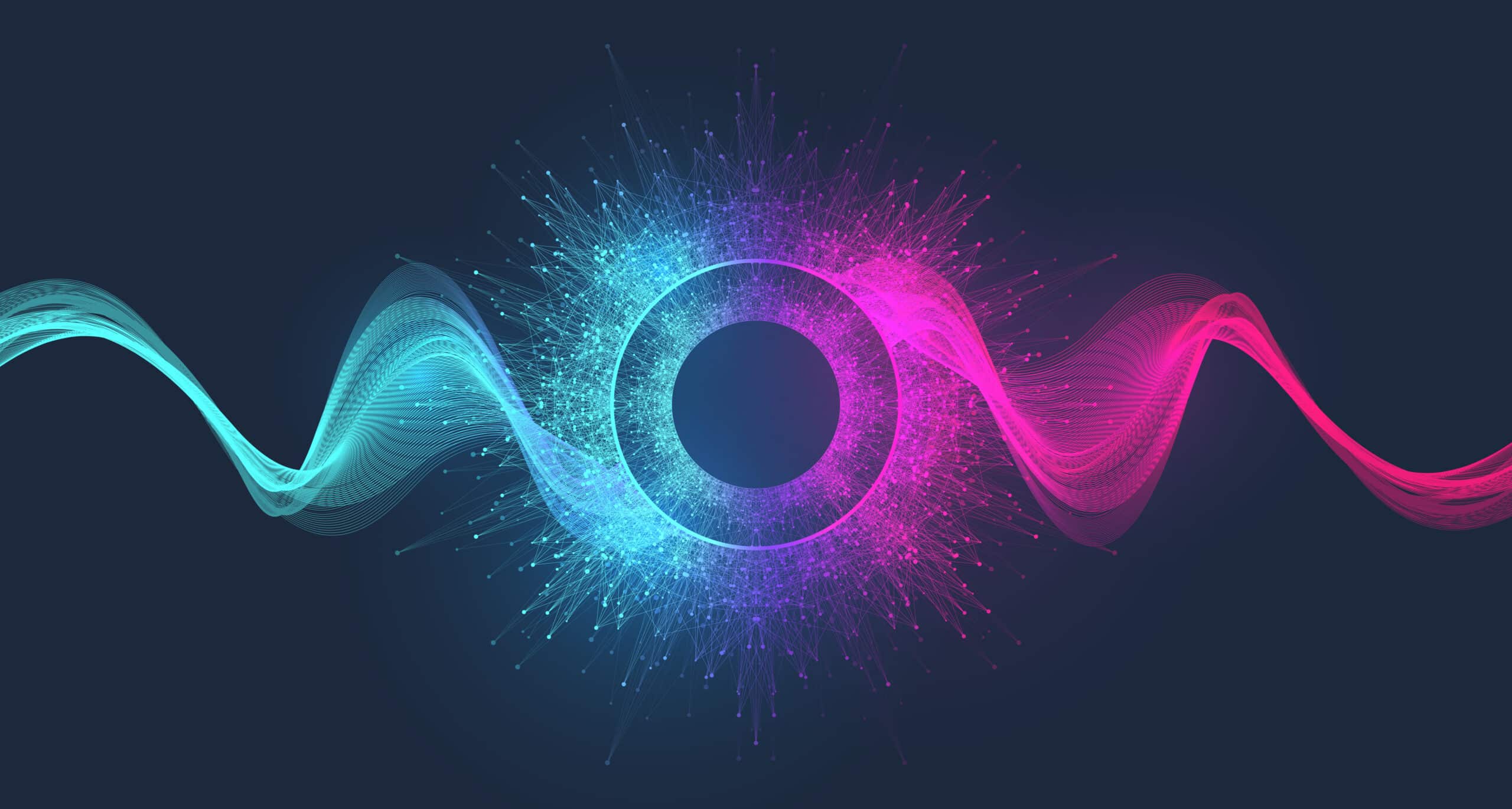 An abstract illustration of a sphere explosion with an energy wave of magenta on its right and light blue on its left represents quantum computer technology and big data visualization algorithms.