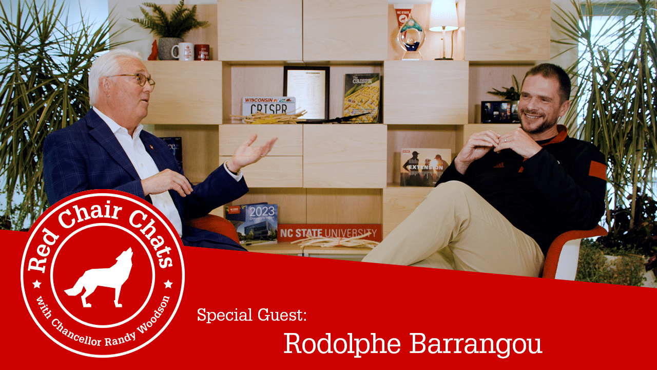 Rodolphe Barrangou, a pioneer in the discovery of CRISPR, joins Chancellor Woodson at the Plant Sciences Building. The image also contains the Red Chair Chats graphic, which says "Red Chair Chats with Chancellor Woodson. Special guest: Rodolphe Barrangou."