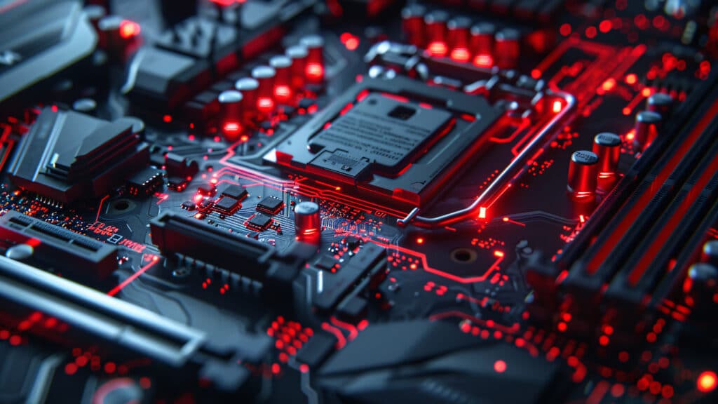 A close-up of black circuits and microchips and red electrified light.  