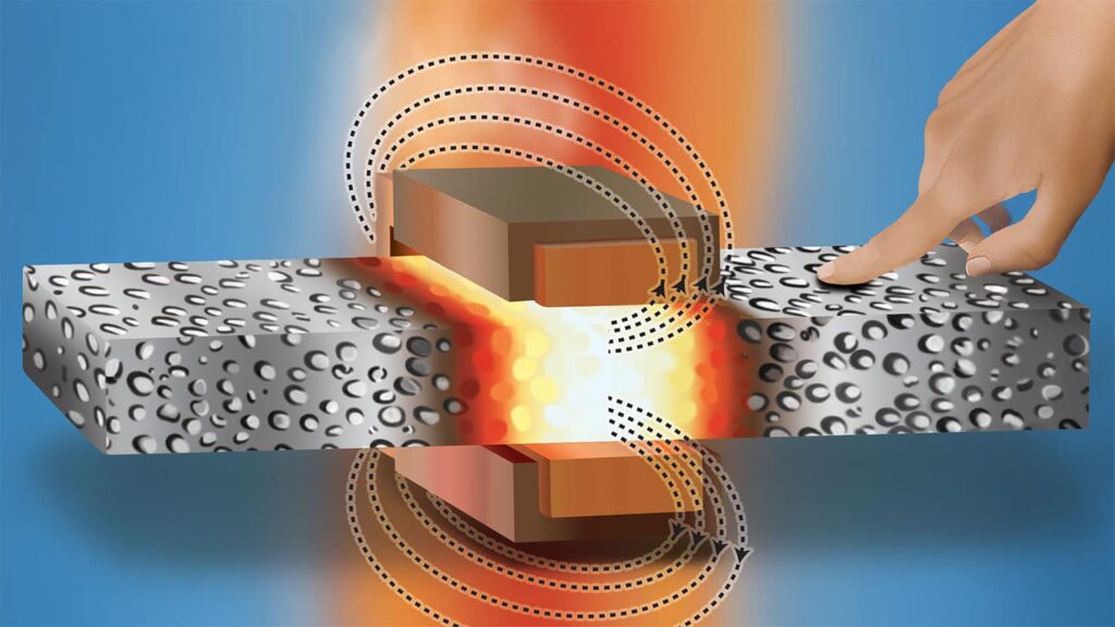 A graphical illustration of induction welding being used on CMF components.