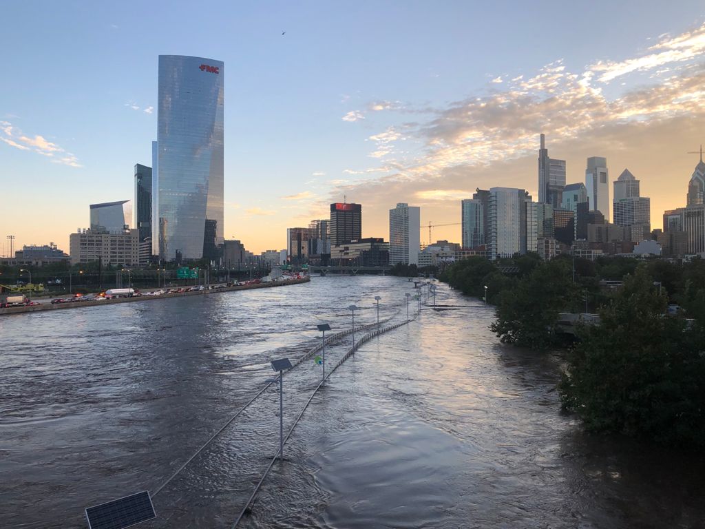 A flooded street in Philadelphia, Pennsylvania, in the aftermath of Hurricane Ida, which caused significant damage across the northeastern U.S. in 2021.