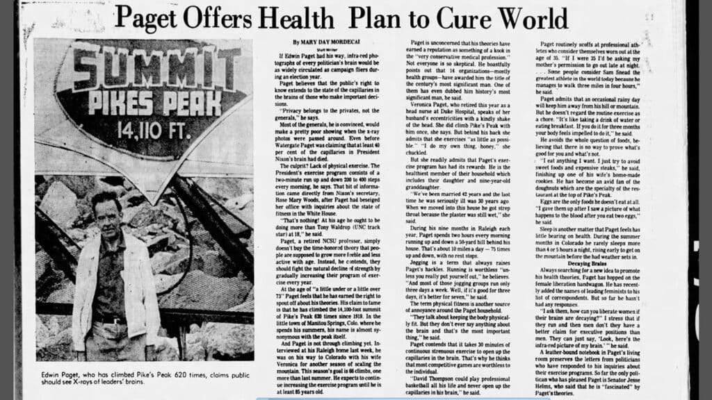 A newspaper clip from the News & Observer includes a photo of Paget at Pikes Peak and details his ideas for a health plan to cure the world.