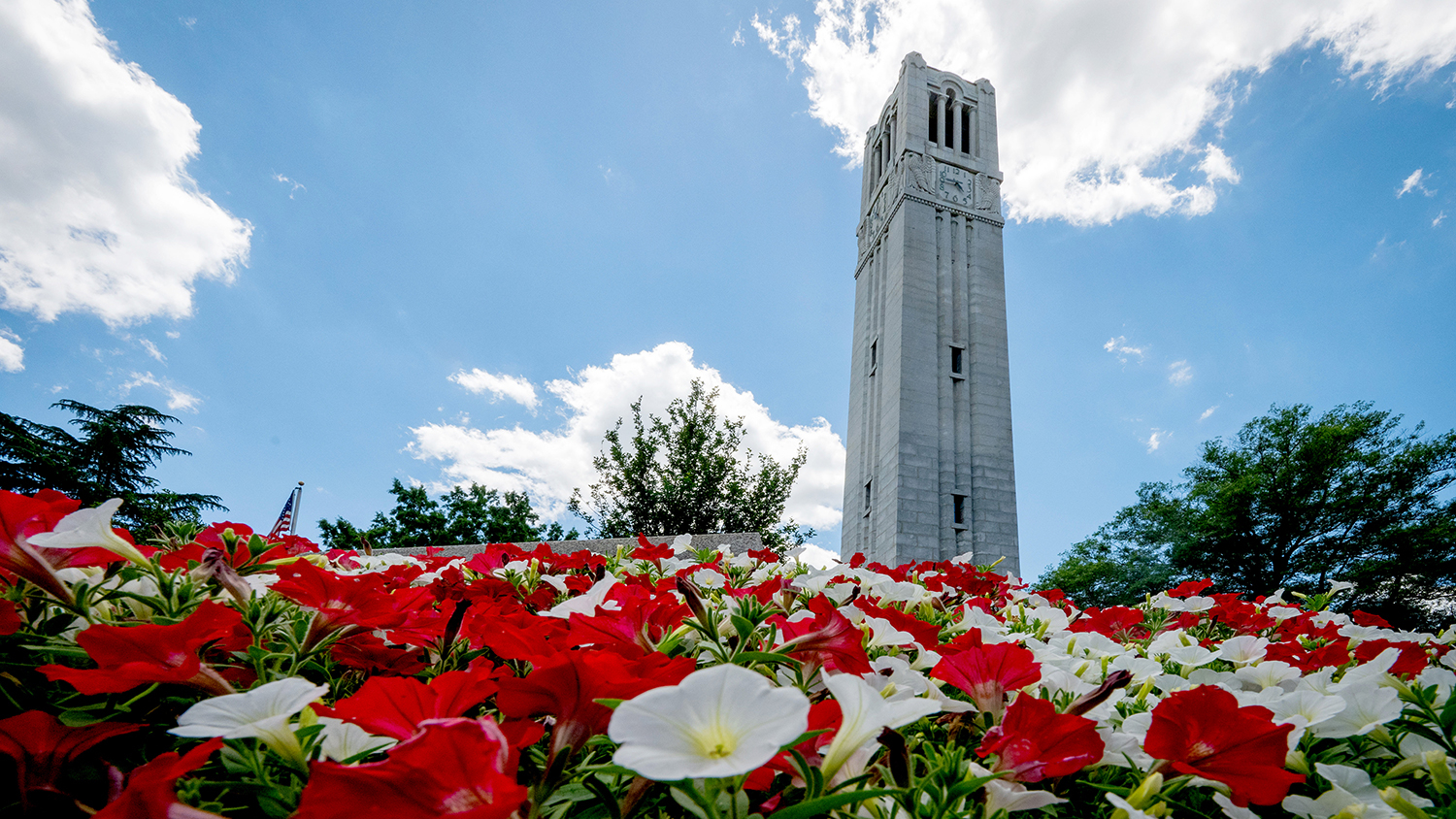 The Belltower is framed with spring flowers on a warm May afternoon.