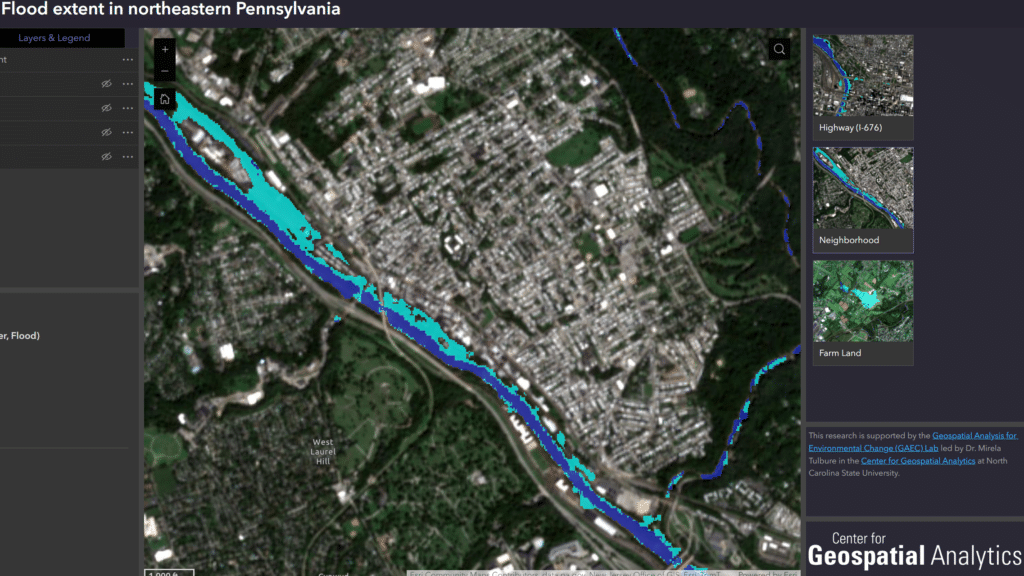 A screenshot of an interactive map Rebecca Composto created using satellite imagery shows the extent of flooding wrought by Hurricane Ida in northeastern Pennsylvania.