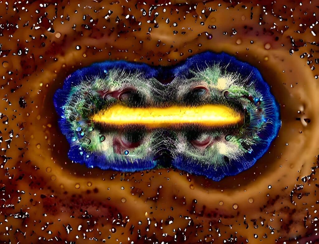 A microscopy image of a polymer coating on an aluminum substrate. The image reveals a 'supernova' where the scribe center in bright made on a brown polymer-coated substrate and a green, hairy failure zone after an exposure to concentrated hydrochloric acid vapor for one hour.