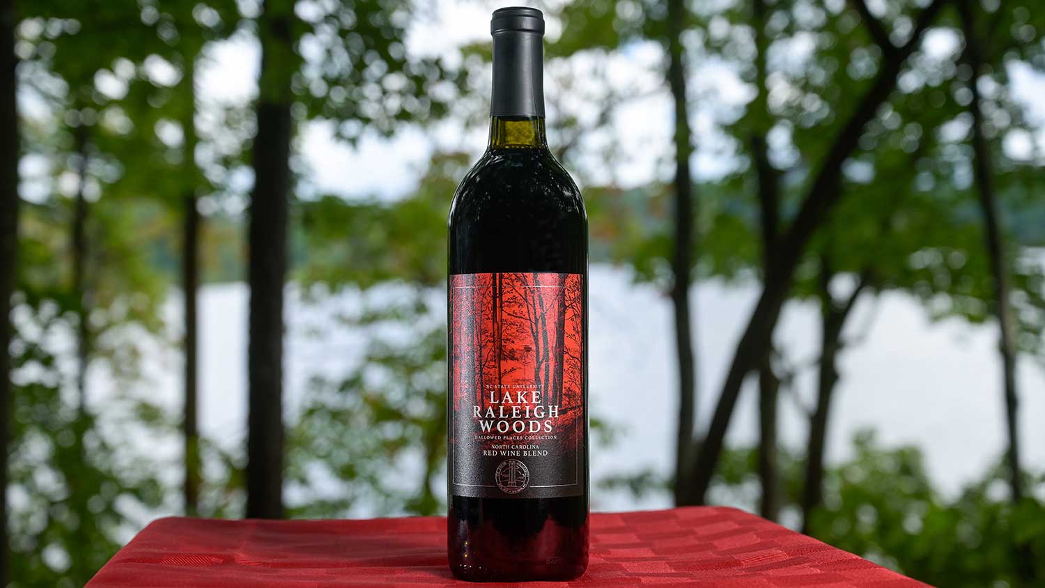 A bottle of the Lake Raleigh Woods red blend wine.