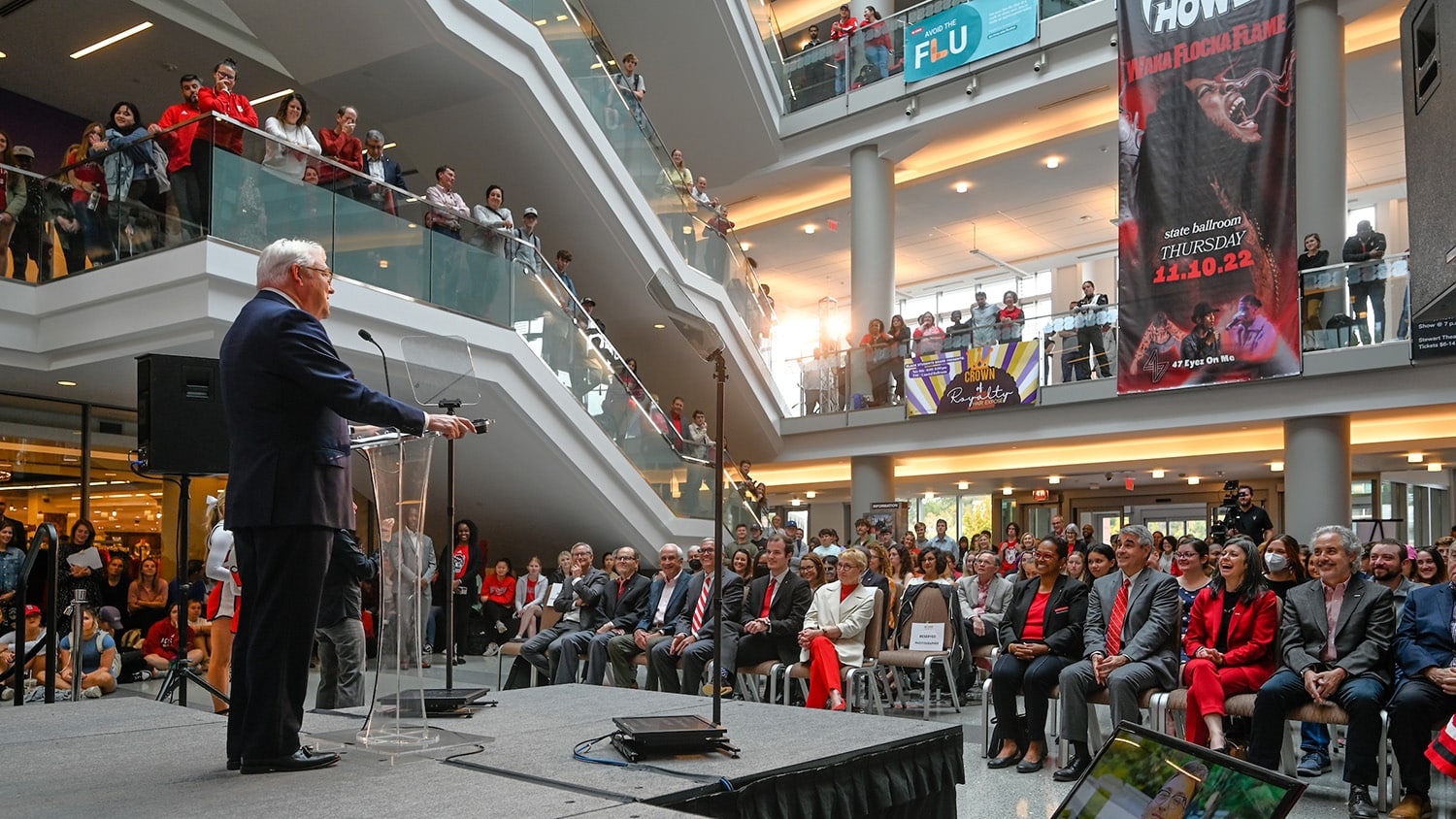 Students, faculty, and staff all enjoy the chancellor's remarks at the fall address in Talley Student Union.