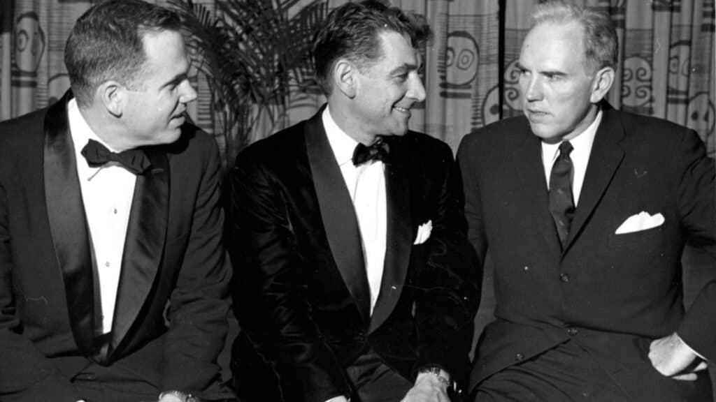 Leonard Bernstein speaking with then-NC State Chancellor John Caldwell and Raleigh lawyer William Joslin. 