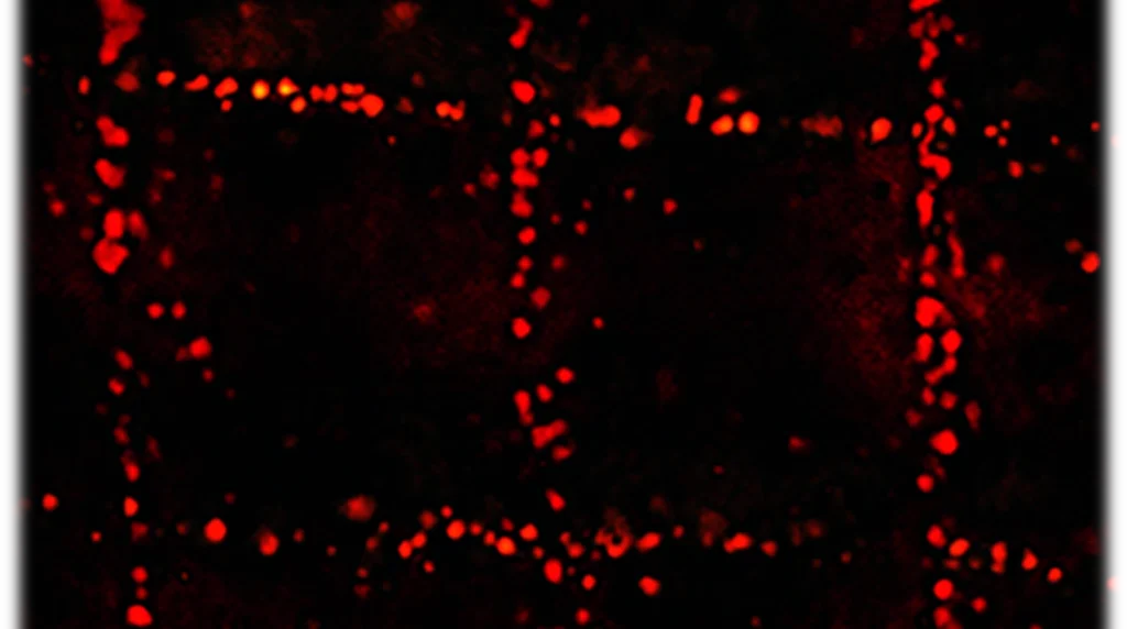 A microscopic photo of cells organized by ultrasound into a grid pattern.