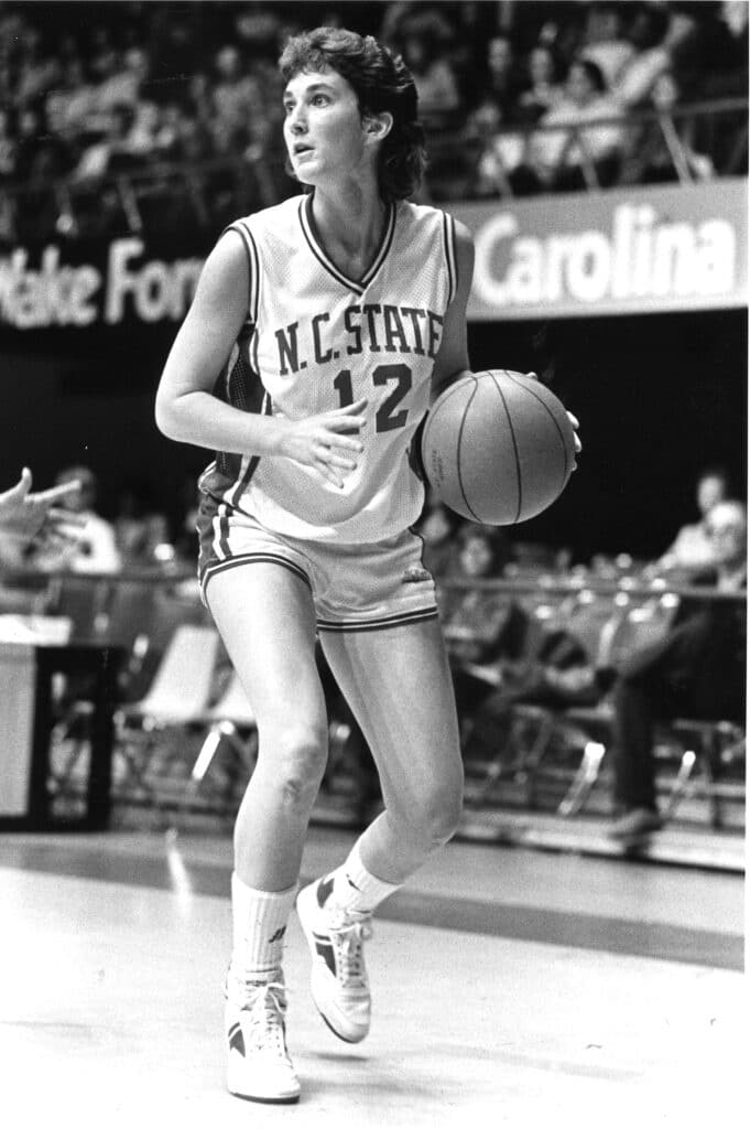 Debbie Antonelli playing basketball for NC State in the 1980s. 