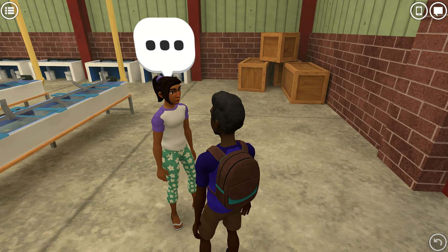 image from video game shows two characters talking in a room