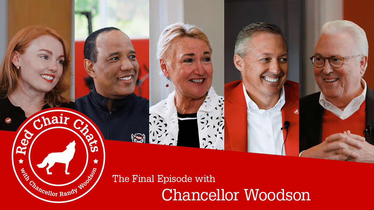 Five images spliced together showing Kelly Hook, Coach Kevin Keatts, Susan Woodson, Brian Sischo and Chancellor Randy Woodson. The graphic has the Red Chair Chats logo and says "The Final Episode with Chancellor Woodson"